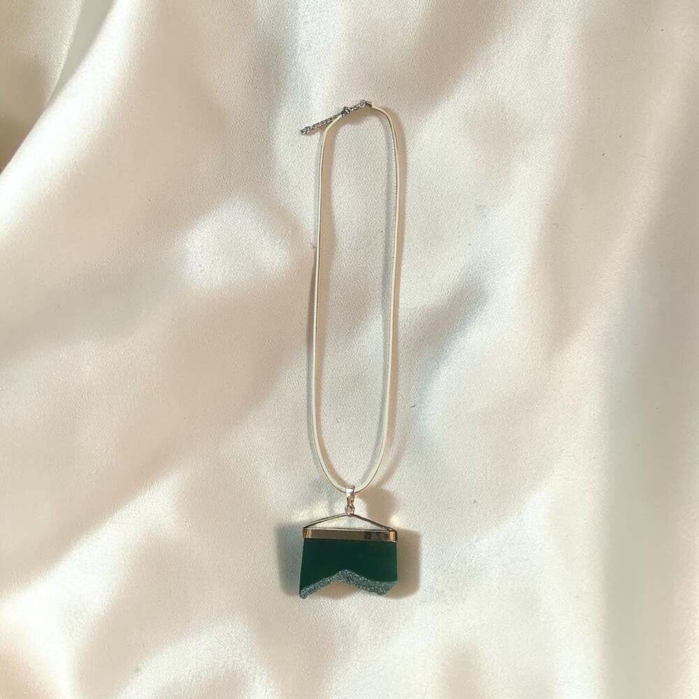 Geometric Green Agate Slice Pendant Necklace on White Cord